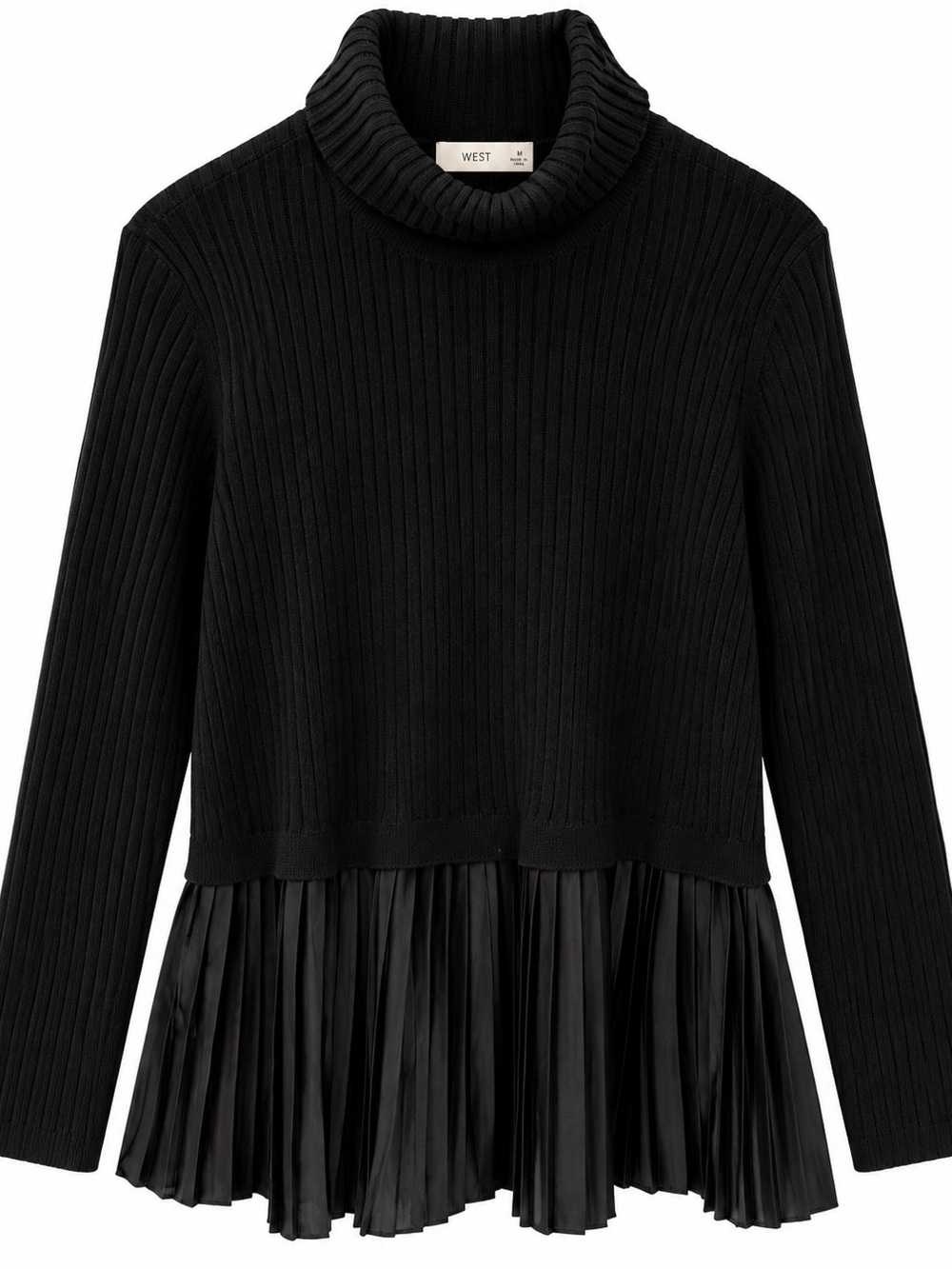 Black Ribbed Turtleneck Sweater with Pleated Hem